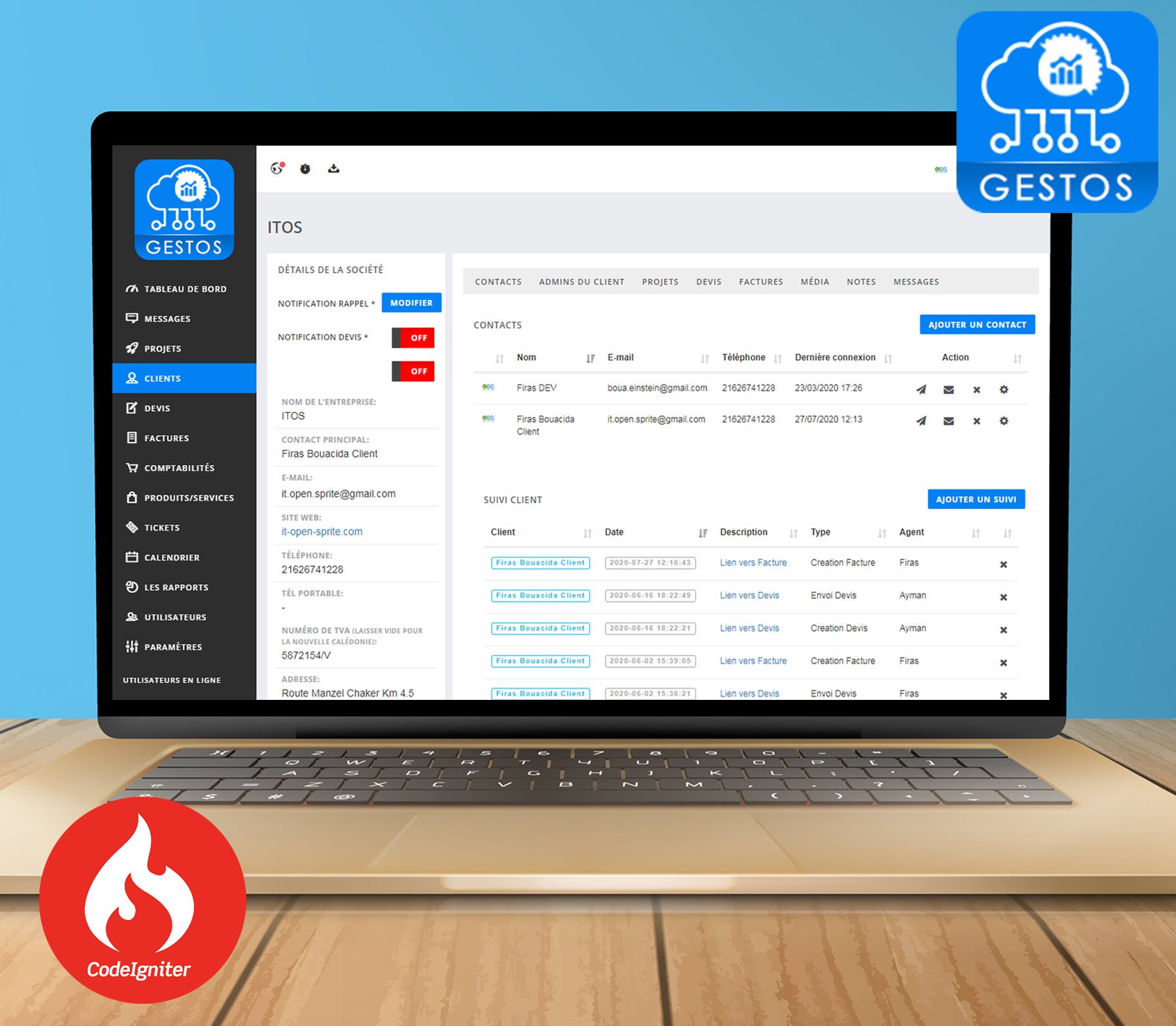 CRM Gestos : CRM de gestion d\'entreprise; Stock; Clients et Facturation; Comptabilité; CodeIgniter