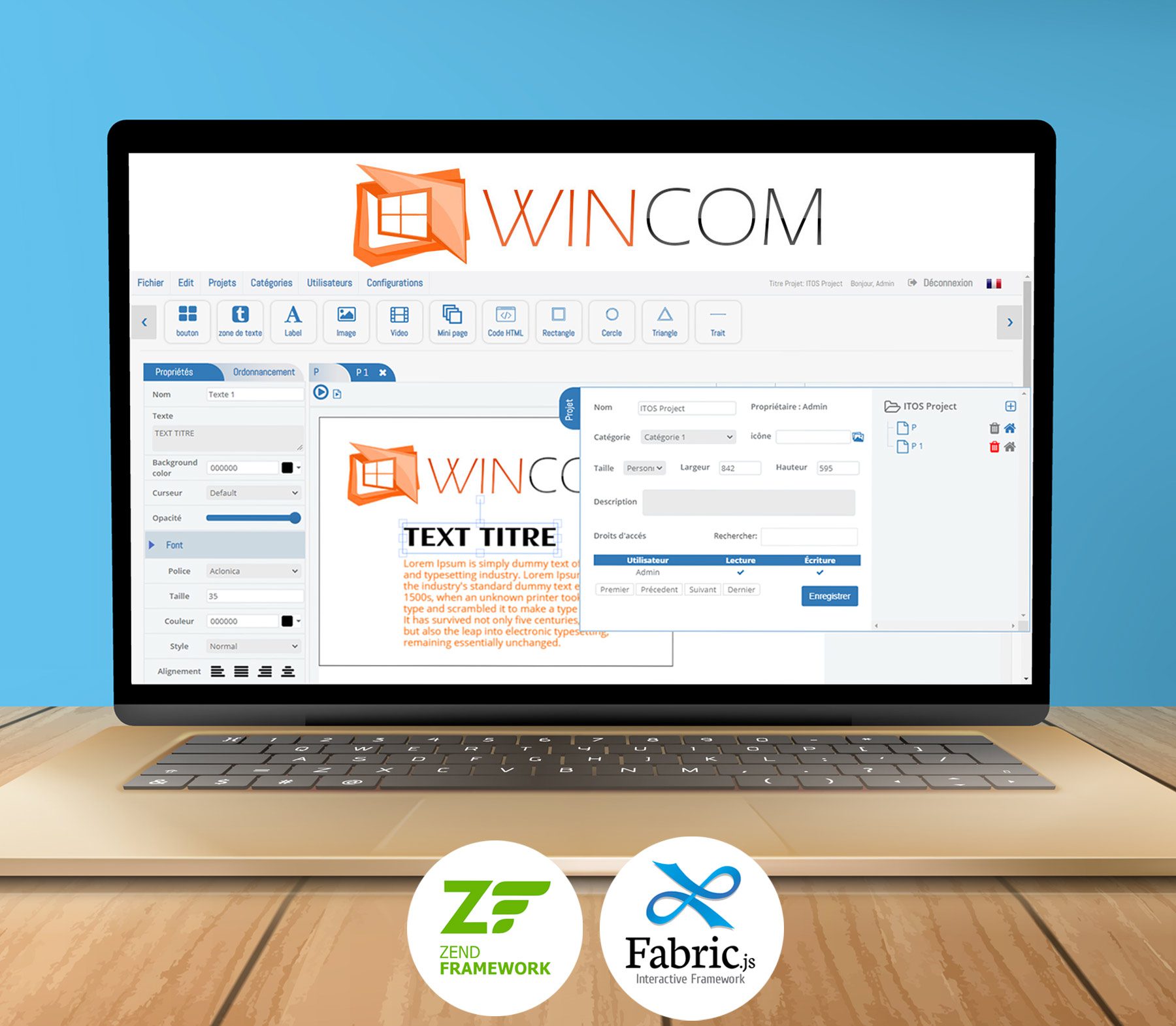 Wincom : Editeur partagé sur Cloud avec fonctionnalités similaires à PowerPoint et gestion des autorisations (modification, lecture seule...); Back-End: Zend; Front-End: Fabric.Js